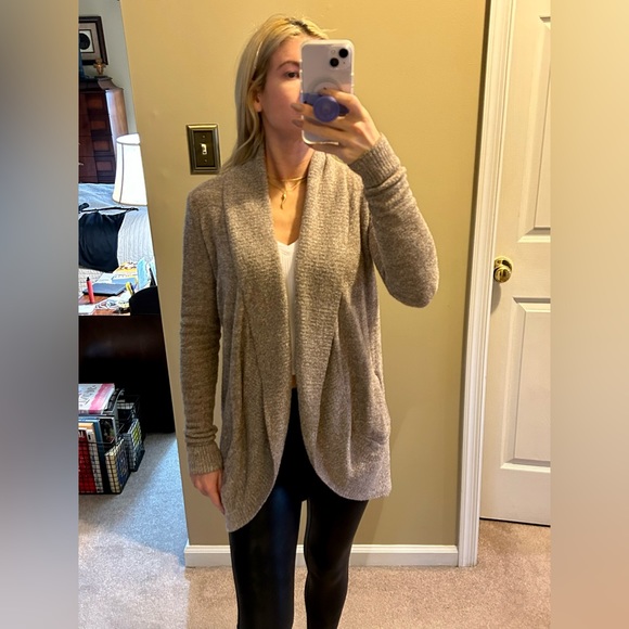 Barefoot Dreams CozyChic Lite Circle Cardigan in Heather Cocoa/Pearl (Rare) - Picture 2 of 12